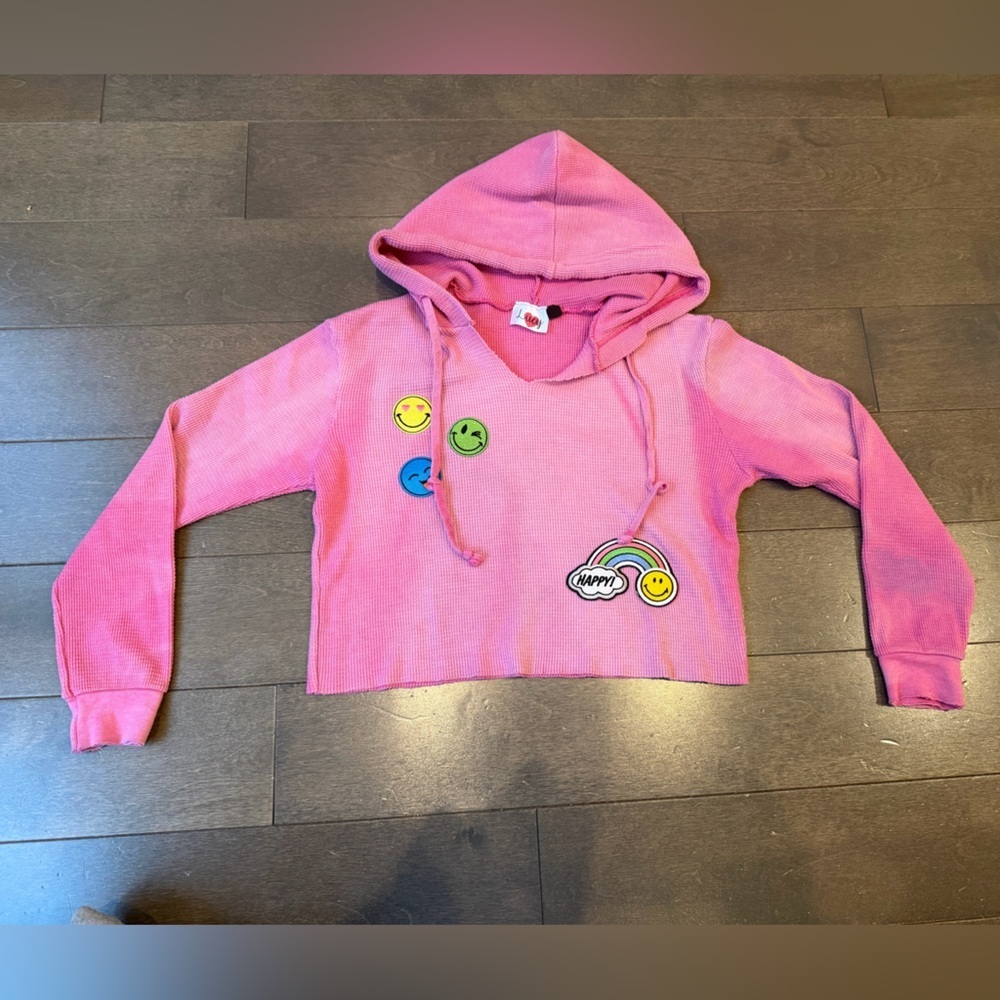 Lucy Pink Hoodie with Rainbow Smiley Patches